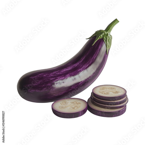 Wallpaper Mural Vibrant 3D illustration of eggplant with sliced pieces, perfect for cooking, vegan recipes, and fresh food concepts. Ideal for culinary blogs and health-related content. Torontodigital.ca