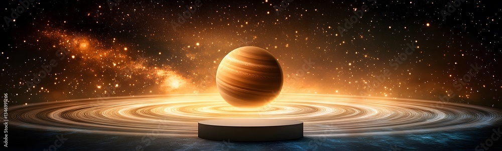 A podium standing on Saturn is rings, with cosmic dust swirling around.