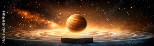 Obraz na płótnie A podium standing on Saturn is rings, with cosmic dust swirling around. w salonie