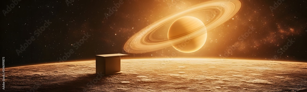 A podium standing on Saturn is rings, with cosmic dust swirling around.