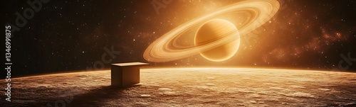 A podium standing on Saturn is rings, with cosmic dust swirling around.