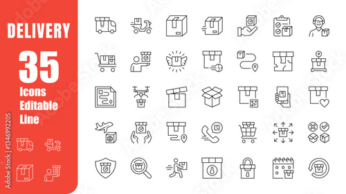 Set of editable delivery icons. Shipments, transportation, packages, couriers, locations, and more. Modern-style vector illustration