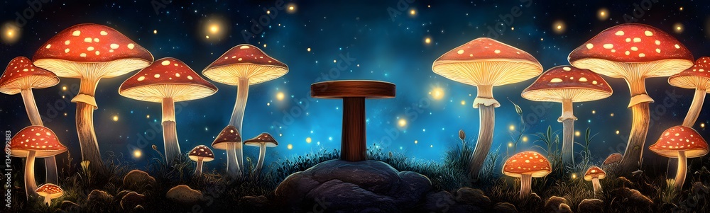 A podium in the middle of a glowing mushroom forest, radiating soft light.