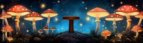 Obraz na płótnie A podium in the middle of a glowing mushroom forest, radiating soft light. w salonie