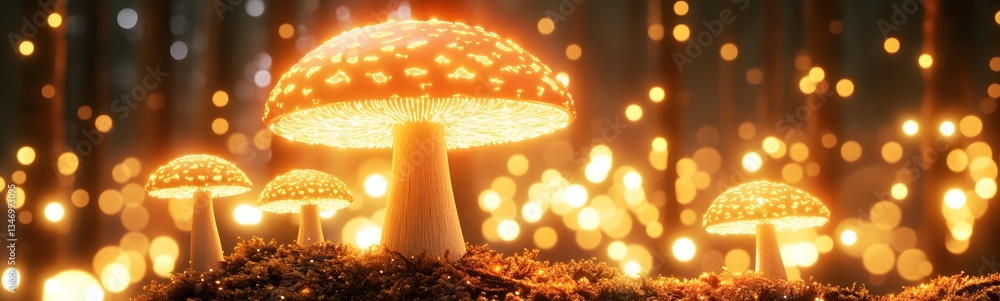 A podium in the middle of a glowing mushroom forest, radiating soft light.