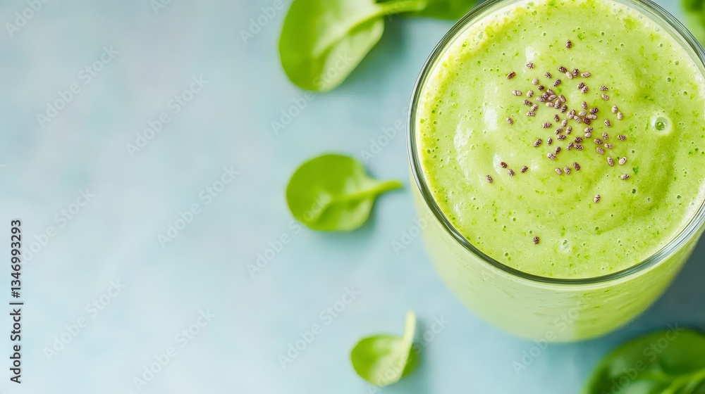 A refreshing green smoothie garnished with seeds sits in a glass, surrounded by fresh spinach leaves, This image can be used for health blogs, recipe websites, or nutrition marketing materials, A refreshing green smoothie garnished with seeds sits in a glass, surrounded by fresh spinach leaves, This image can be used for health blogs, recipe websites, or nutrition marketing materials,