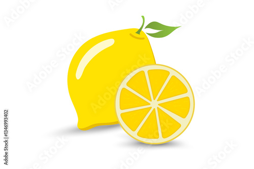 A fresh, bright yellow lemon is paired with a neatly sliced half, showcasing its juicy, citrusy interior.
 and a Yellow lemon vector