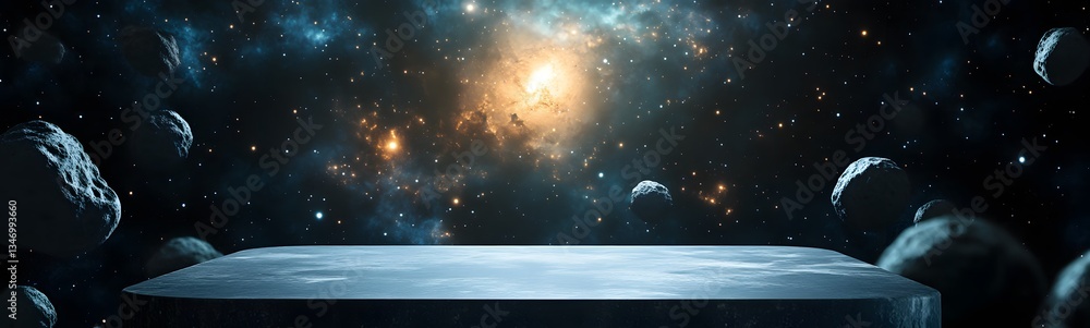 A floating podium in zero gravity, surrounded by asteroids and space debris.