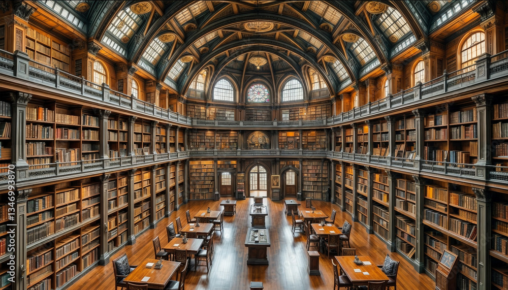Obraz premium Reading hall. A huge ancient library. A large room with books