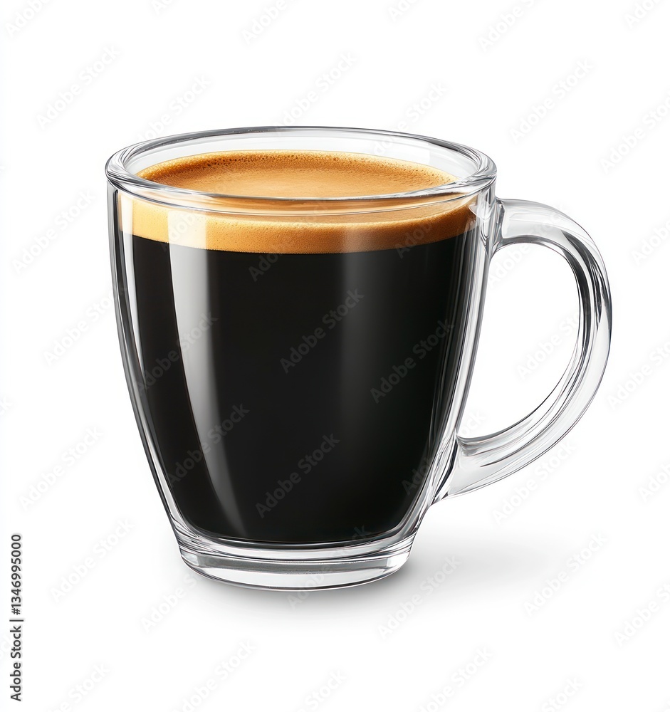 Dark Espresso Coffee in Glass Mug Ready to Drink on White Dark Espresso Coffee in Glass Mug Ready to Drink on White
