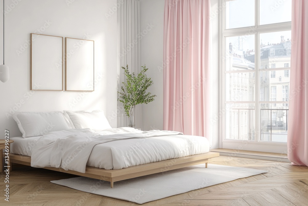 A brightly lit bedroom featuring a bed with pink curtains A brightly lit bedroom featuring a bed with pink curtains