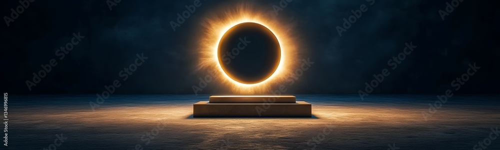 A podium standing in the center of a solar eclipse, casting dramatic shadows.