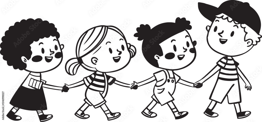 Cheerful Cartoon Illustration of Six Happy Children Holding Hands and Playing Together in a clipart Outdoor Scene Cheerful Cartoon Illustration of Six Happy Children Holding Hands and Playing Together in a clipart Outdoor Scene