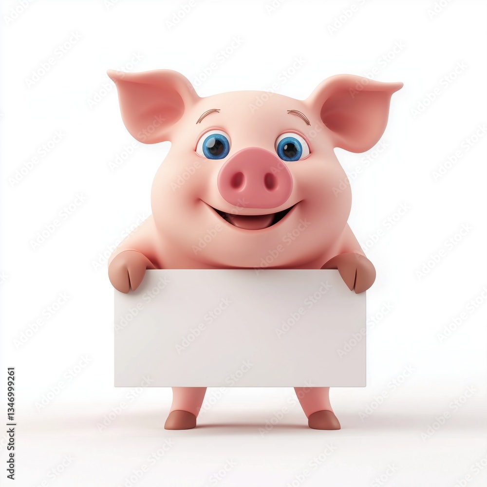 Fototapeta premium 3d A cartoon pig with a happy expression, leaning against a blank white rectangular sign