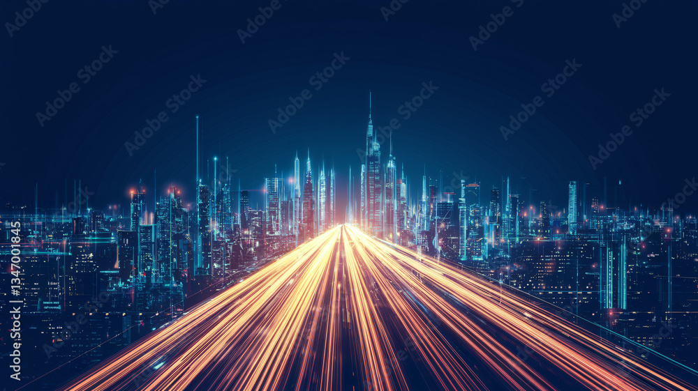 Fototapeta premium Futuristic Cityscape at Night with Illuminated Highway