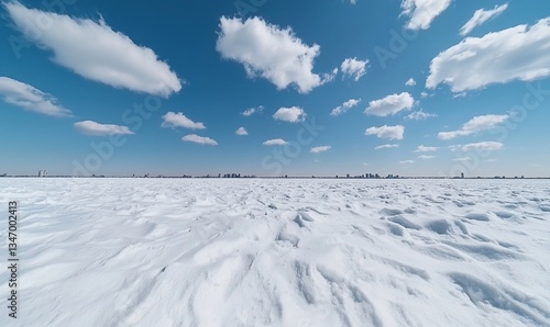 Wide expanse of snow-covered plains under a vibrant blue sky