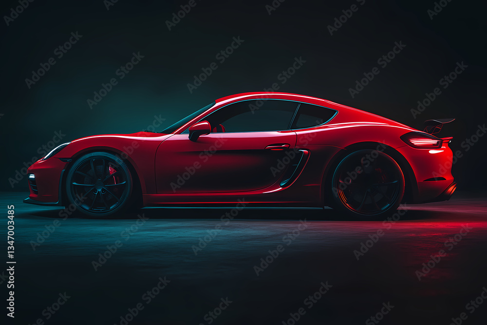 Naklejka premium Luxury Red Coupe: A sleek, luxurious red sports coupe gleams under studio lighting, its curves and design radiating power and sophistication.
