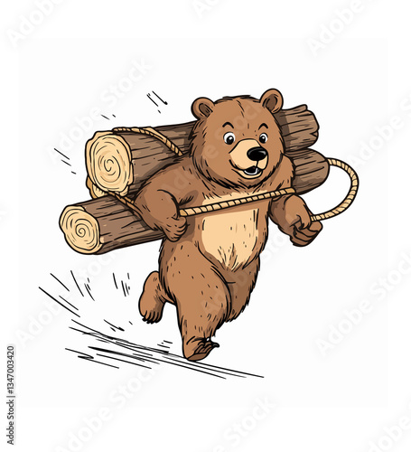 A brown bear carrying a log tied with rope, determined expression, dynamic pose