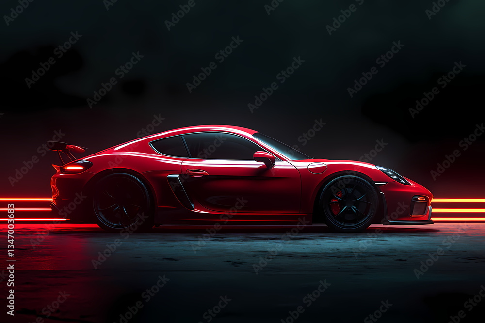Fototapeta premium Vivid Red Sports Car: A sleek, modern sports car in a striking shade of red, captured in a dramatic studio setting. Featuring the car's aerodynamic lines, illuminated by vibrant neon lights.