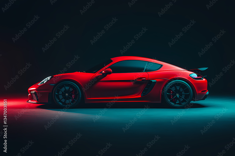 Obraz premium Vibrant Red Sports Car: A dynamic and sleek red sports car is dramatically lit against a dark background.