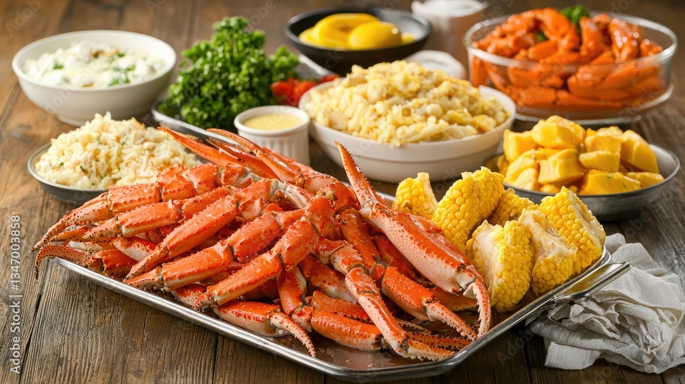 A buffet-style crab dinner with steaming trays of crab legs, butter sauce, and side dishes. A buffet-style crab dinner with steaming trays of crab legs, butter sauce, and side dishes.