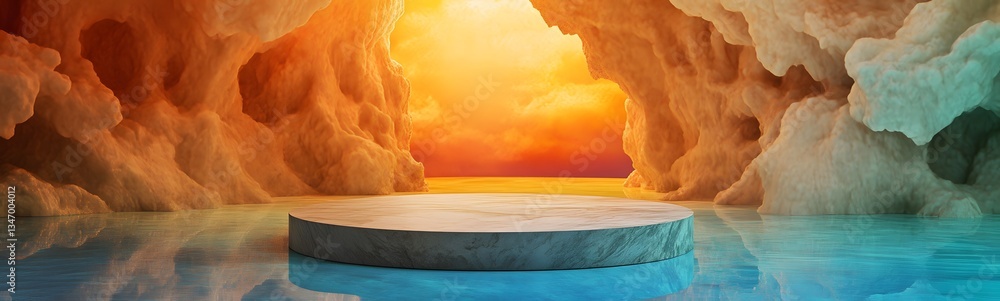 A podium resting inside a crystalline cavern, reflecting vibrant colors.