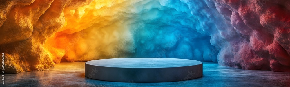 A podium resting inside a crystalline cavern, reflecting vibrant colors.
