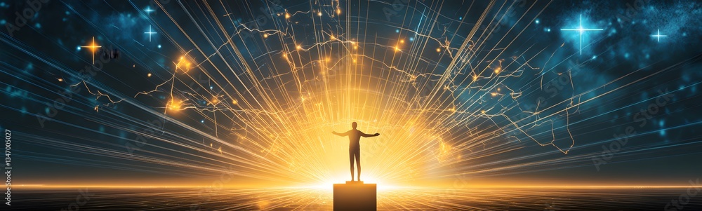 A podium rising from a futuristic digital grid, surrounded by energy lines.