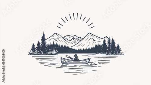 Silhouette of a person kayaking on a serene lake, surrounded by mountains and forest.  A vintage style illustration evokes a peaceful outdoor scene