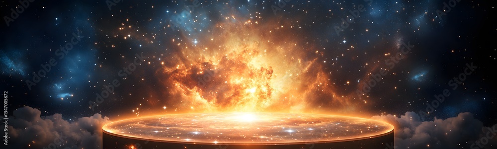 A podium shaped like a cosmic nebula, constantly changing colors and patterns.