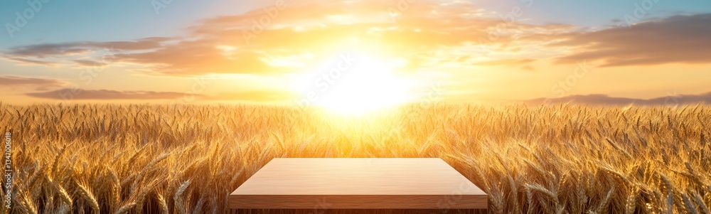A podium placed inside a glowing golden wheat field at sunrise.