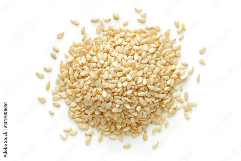 A pile of unhulled sesame seeds, light beige in color, isolated on a white background. A pile of unhulled sesame seeds, light beige in color, isolated on a white background.