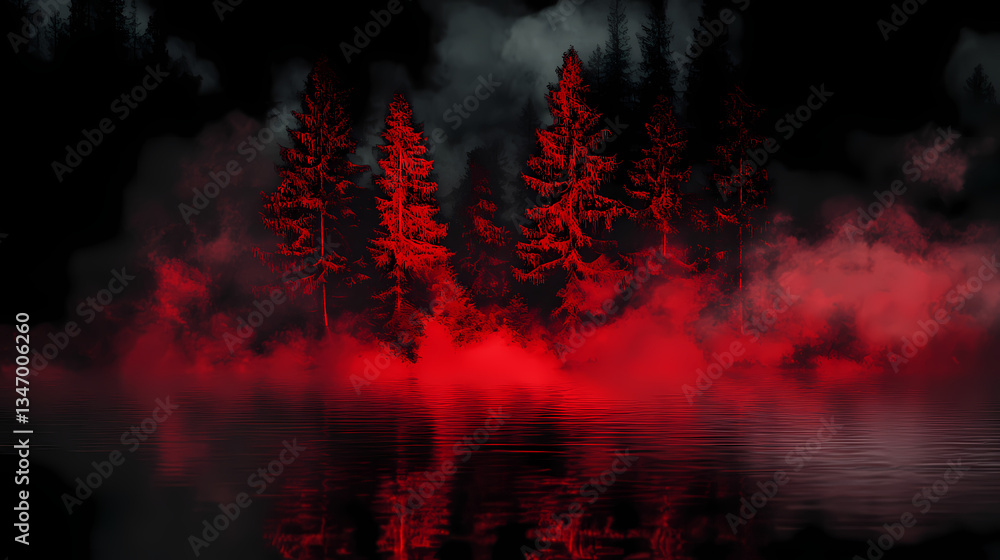 Fototapeta premium Eerie Forest Reflection: A surreal scene of a forest shrouded in darkness, with glowing red mist and the trees reflected in a still body of water, creating an ethereal atmosphere.