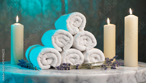 Spa serenity with towels, candles and lavender.
