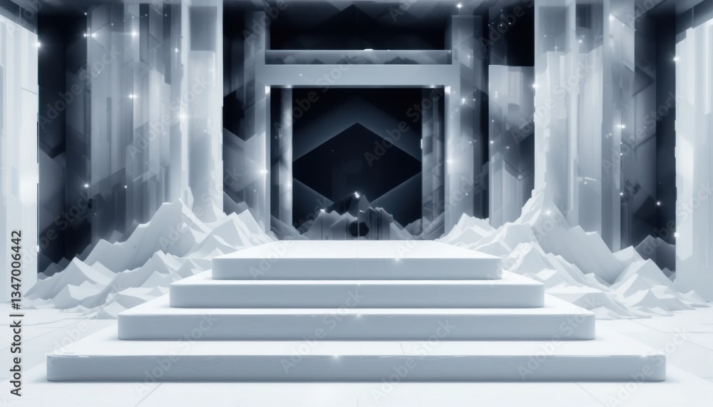 Obraz premium Geometric Art Installation, Layered White Shapes, Modern Gallery, Digital Artwork, Minimalist Environment, Eye-Level Viewpoint