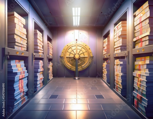 A secure banking vault filled with stacks of currency and financial documents, showcasing wealth.
