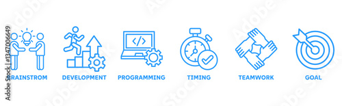 Hackathon icon set illustration concept for design sprint-like social coding event with icon of brainstorm, development, programming, timing, speed, teamwork, and goal