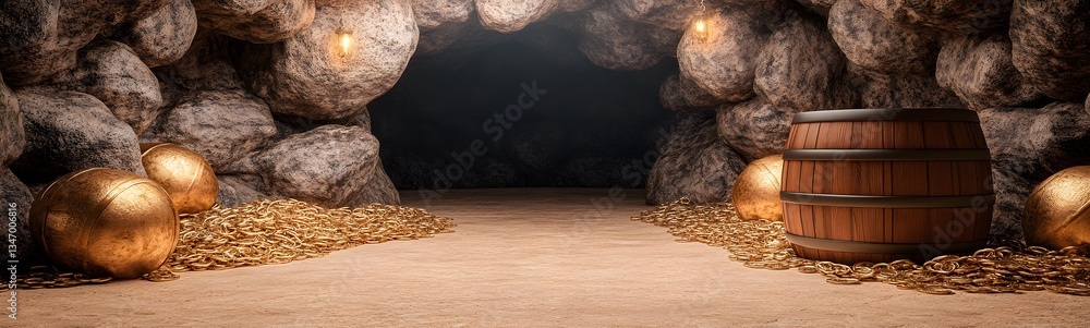 A podium hidden inside a pirate treasure vault, surrounded by riches.