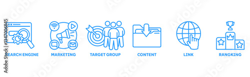 Search Engine Marketing (SEM) icon set illustration concept with icons of search engine, marketing, target group, content, links, ranking