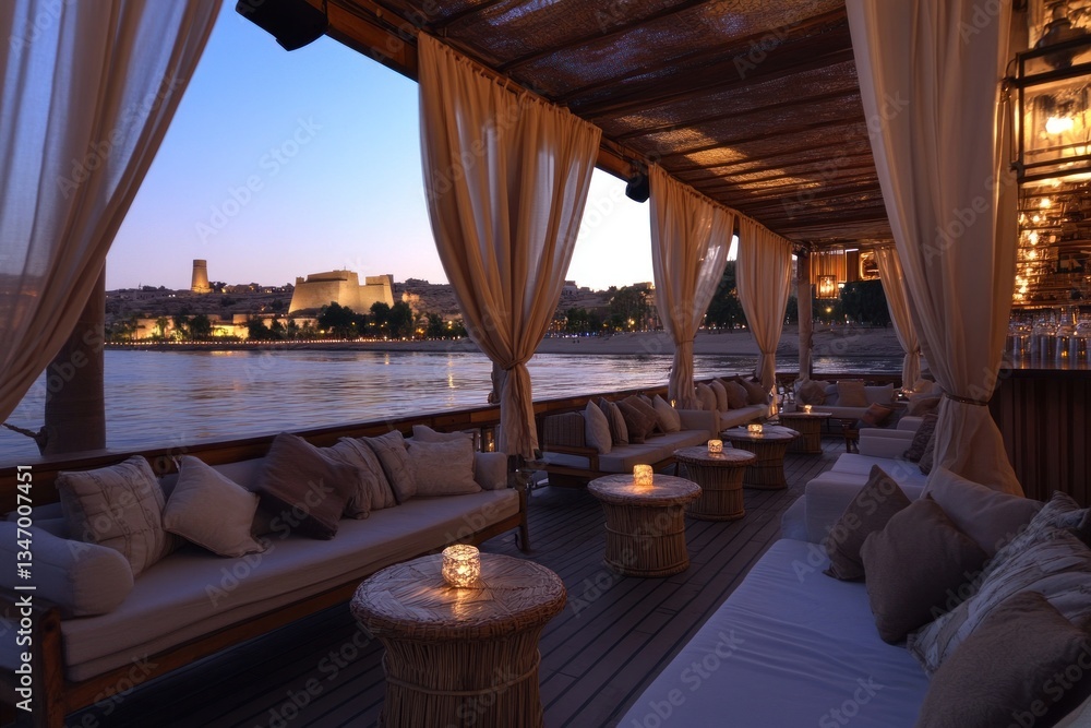 An outdoor lounge with river view during an evening twilight An outdoor lounge with river view during an evening twilight
