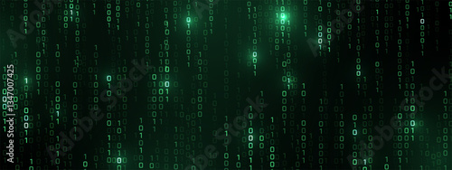 Vector digital code rain in a Matrix inspired futuristic style. High-tech backdrop with glowing binary characters. Binary Software Programming Code Background. Digital Data Technology Concept.