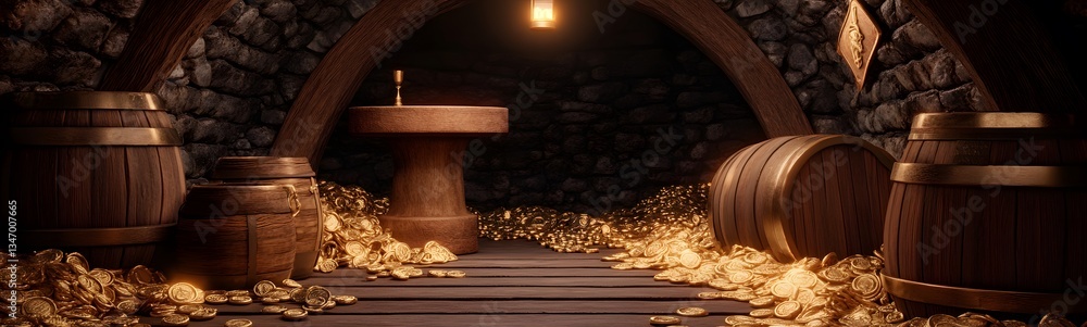 A podium hidden inside a pirate treasure vault, surrounded by riches.