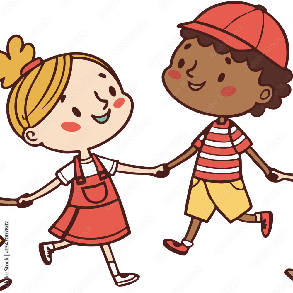 Colorful Cartoon Illustration of Six Diverse Children Holding Hands and Playing Together in a Happy Outdoor Setting Colorful Cartoon Illustration of Six Diverse Children Holding Hands and Playing Together in a Happy Outdoor Setting