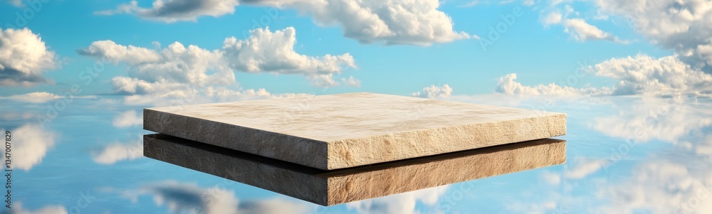 A podium floating on an endless mirror-like surface, reflecting the entire sky.