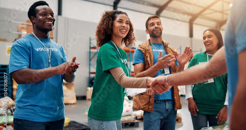 Принти на полотні Applause, handshake and support with volunteer team in warehouse together for aid, community or welfare