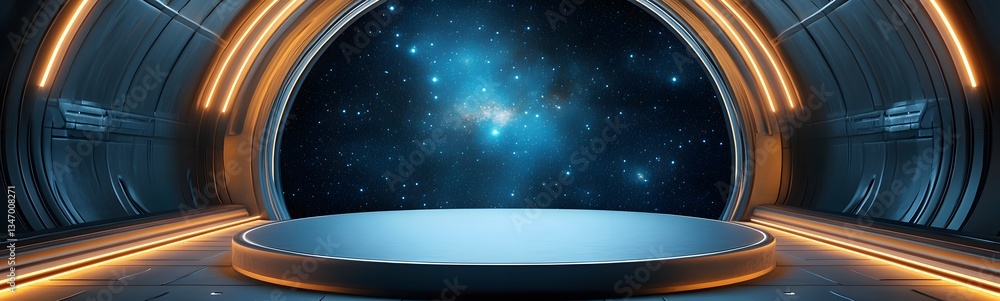 A podium positioned at the heart of an interstellar spaceship bridge.
