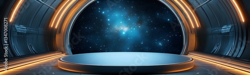 A podium positioned at the heart of an interstellar spaceship bridge.