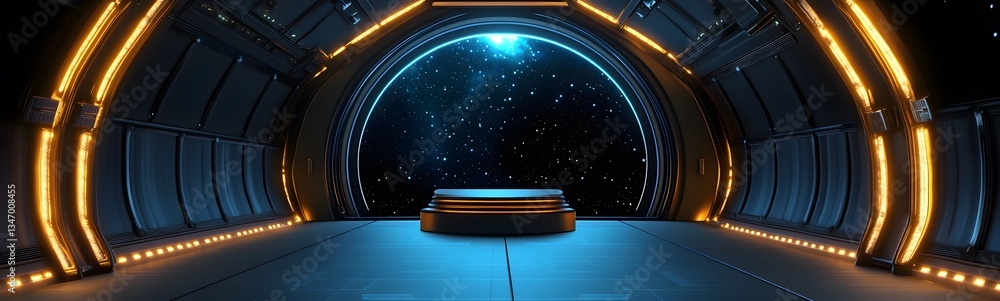 A podium positioned at the heart of an interstellar spaceship bridge.