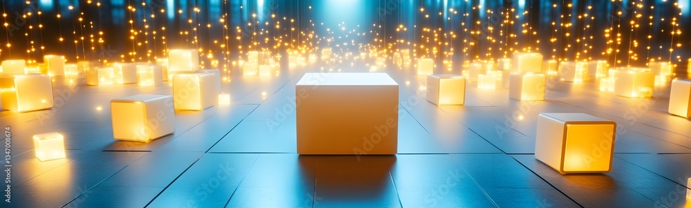 A podium surrounded by levitating, glowing cubes in a futuristic AI-driven world.