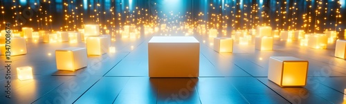 Obraz na płótnie A podium surrounded by levitating, glowing cubes in a futuristic AI-driven world. w salonie